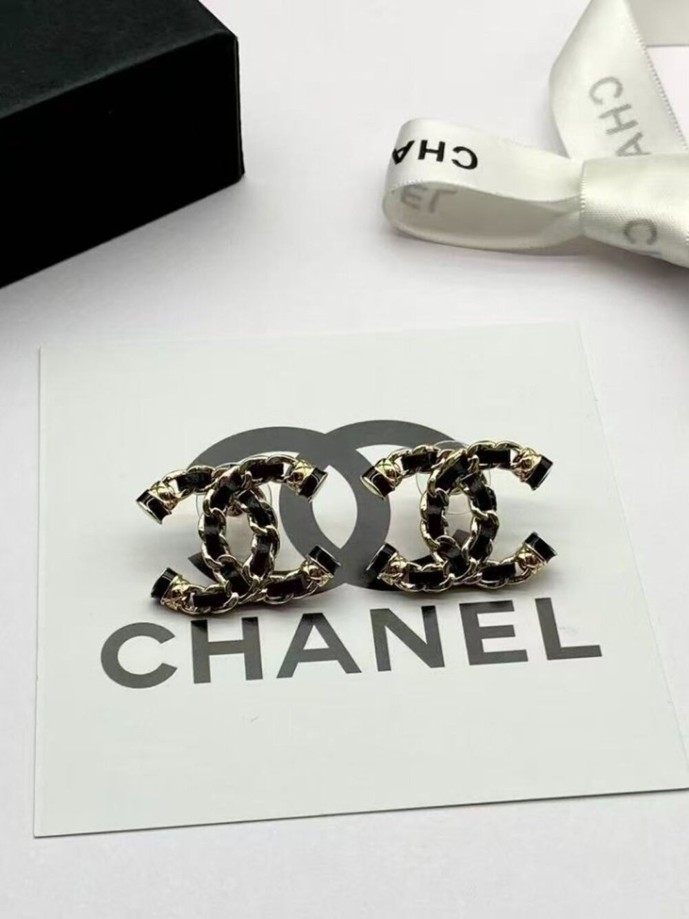 Like-New Chanel Leather-Woven CC Logo Stud Earrings